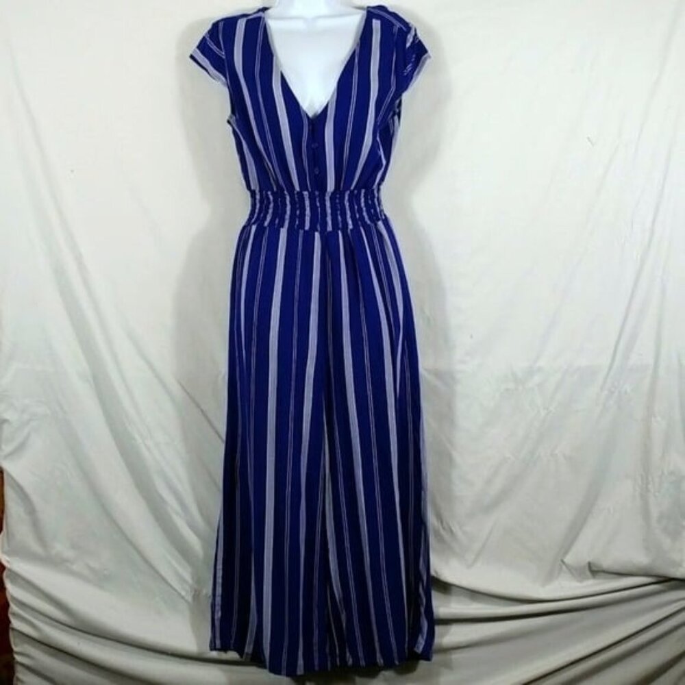 Blue Rain Jumper Women's Blue Striped Waist Smocked Buttons Short Sleeved Size M